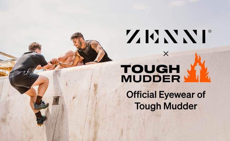 The Zenni logo and the Tough Mudder logo (featuring an emblem of fire and a person’s silhouette) over a photo of competitors scaling a wall together.