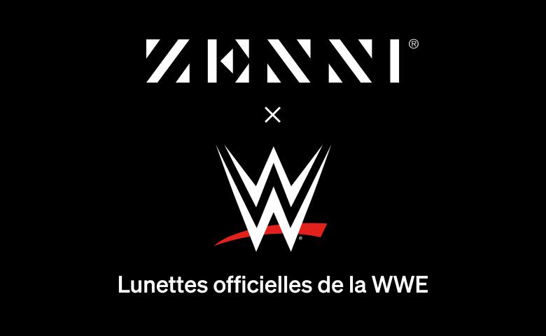 Le logo Zenni et le logo WWE (deux W superposés avec une barre oblique rouge en dessous) sur un fond noir.