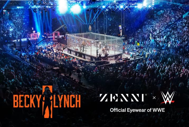 The Becky Lynch logo (Orange textured letters with central silhouette illustration of female wrestler), over a background image of a large crowd watching a live wrestling match held on a stage within a large cage.