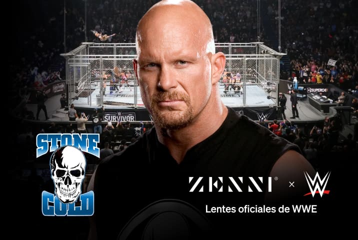 El logotipo de Stone Cold (letras azules con borde blanco por encima y por debajo de la imagen de una calavera) sobre un primer plano de Stone Cold frente a un fondo con una gran multitud viendo una lucha libre en vivo en un escenario dentro de una gran jaula.
