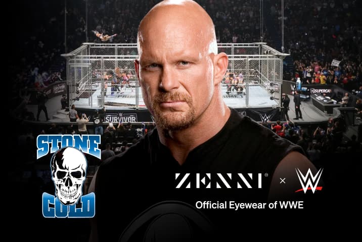 The Stone Cold logo (blue lettering with white outline above and below a skull image) over a close up picture of Stone Cold in front of a background image of a large crowd watching a live wrestling match held on a stage within a large cage.