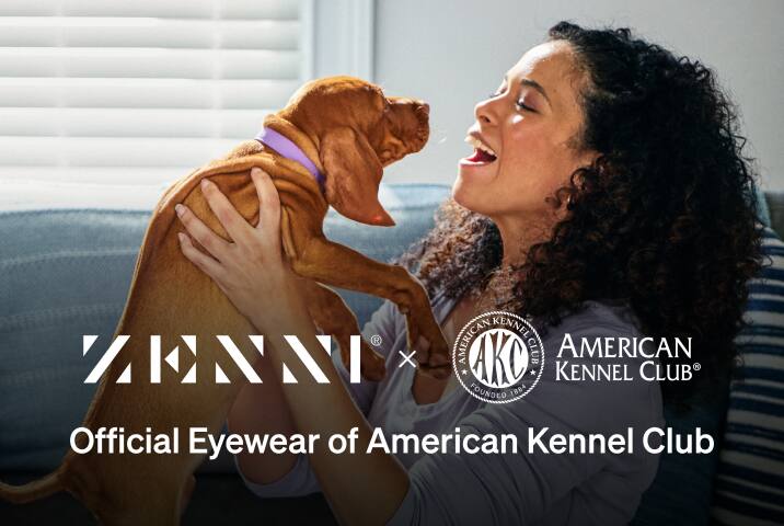 The Zenni logo and the American Kennel Club logo (the letters AKC within a white circle with surrounding American Kennel Club text) over a picture of a woman on a couch holding a brown puppy.