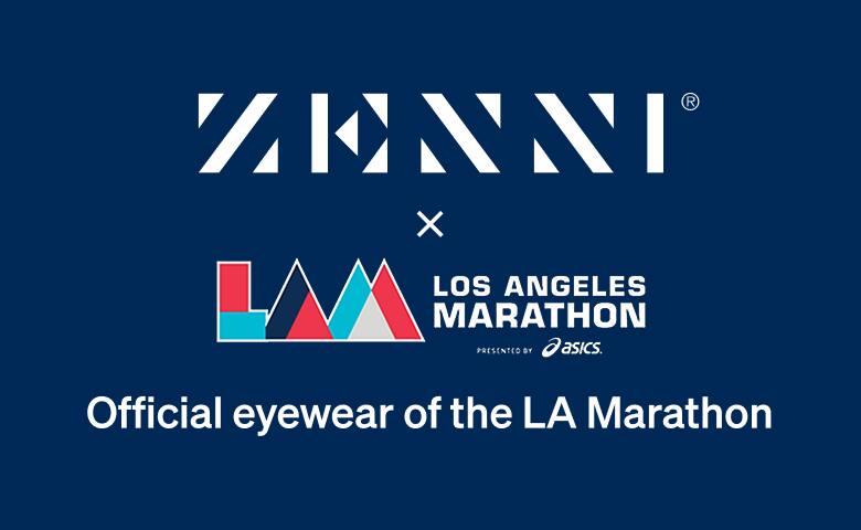The Zenni logo and the Los Angeles Marathon logo (a stylized colorful letters L and M and a subtitle that says Powered by Asics) on a dark blue background.