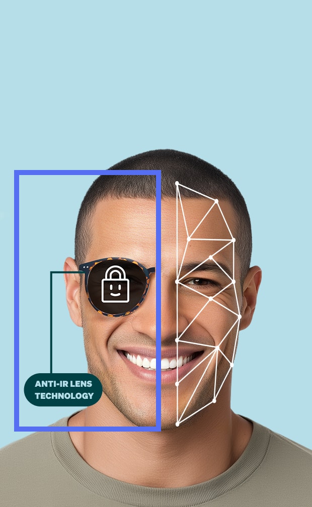Man wearing ½ pair of glasses with facial mapping lines and a lock icon over one lens to represent privacy protection.
