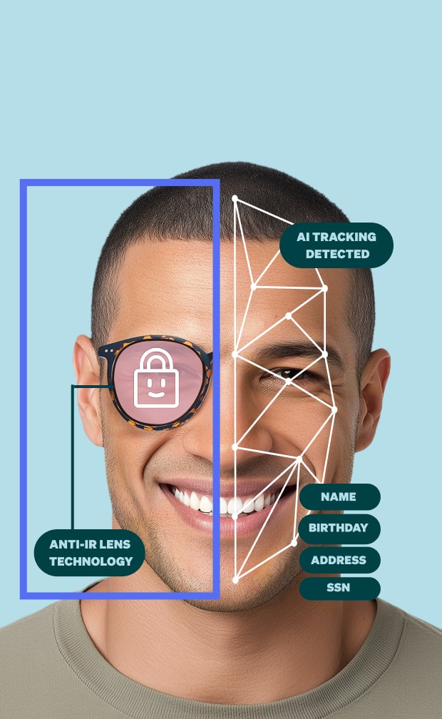 Man wearing ½ pair of glasses with facial mapping lines and a lock icon over one lens to represent privacy protection.