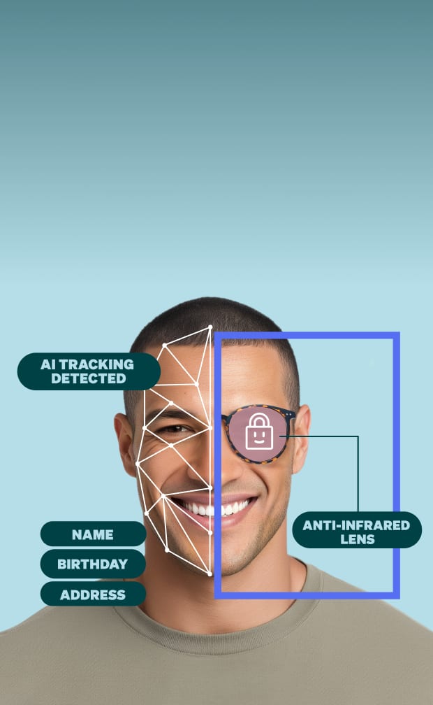 Man wearing ½ pair of glasses with facial mapping lines and a lock icon over one lens to represent privacy protection.