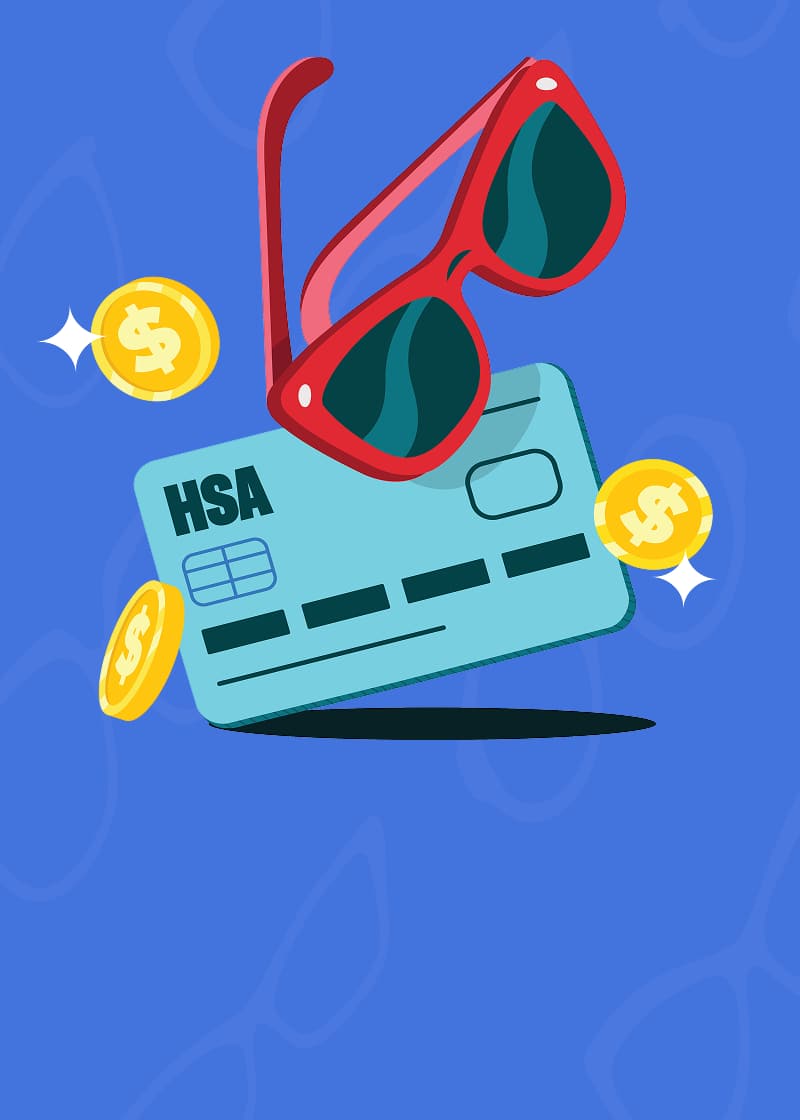 Graphic illustration of red sunglasses hovering over a blue HSA benefit card surrounded by shiny gold dollar coins against a blue background with subtle frame silhouettes.
