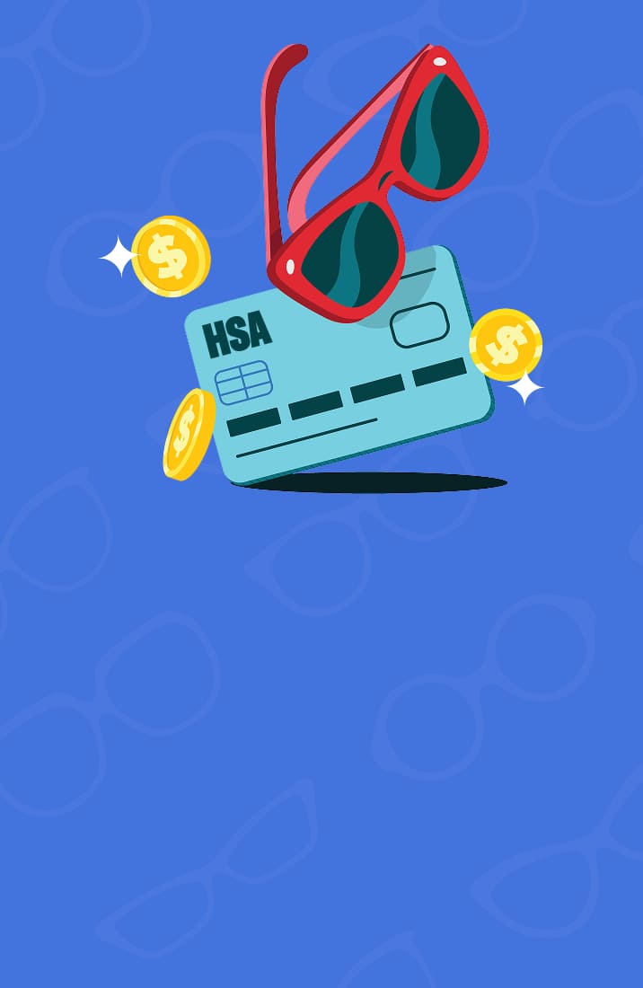 Graphic illustration of red sunglasses hovering over a blue HSA benefit card surrounded by shiny gold dollar coins against a blue background with subtle frame silhouettes.