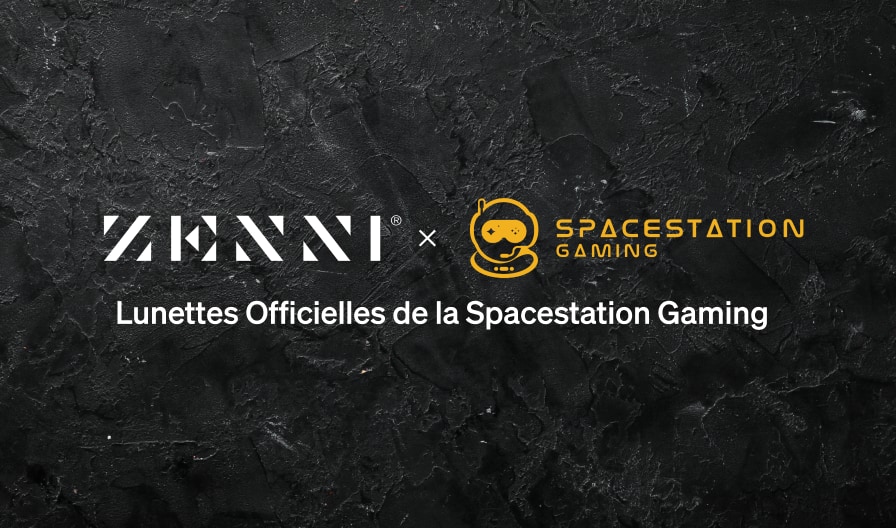 Le logo Zenni et le logo Spacestation Gaming sur un fond noir et gris