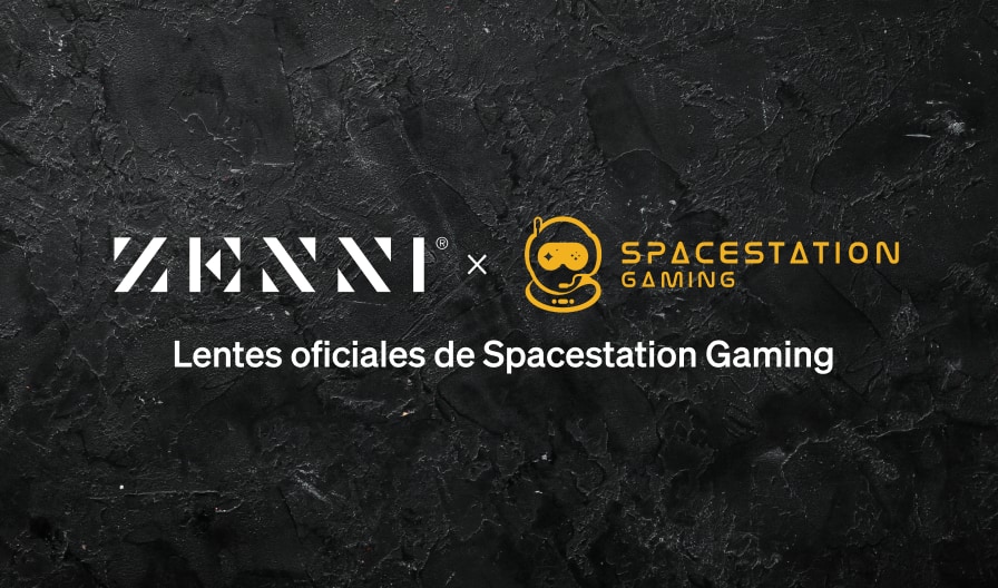 El logotipo de Zenni y el logotipo de Spacestation Gaming sobre un fondo negro y gris.