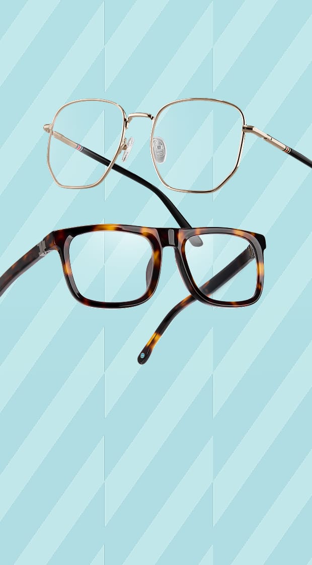 Two pairs of eyeglasses in Jrue Holiday x Zenni Collection—gold metal frame Hendrix and tortoiseshell square frame Impact—are displayed against a light blue, diagonally striped background.