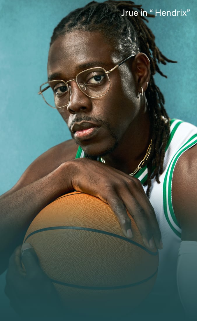 Jrue Holiday in Zenni 'Hendrix' glasses, wearing a basketball jersey and holding a basketball, against a teal background.