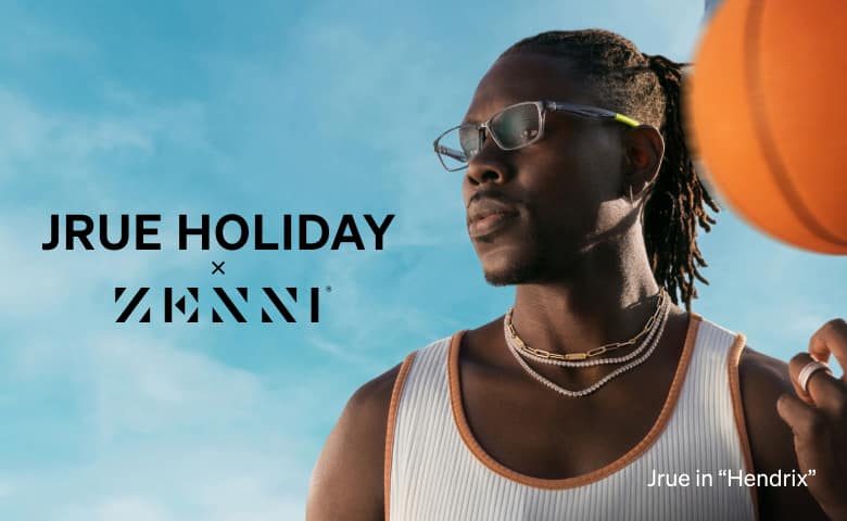 Boston Celtics Point Guard Jrue Holiday wears gray rectangle 'DefenderX' frames from his Zenni eyewear collection. He stands against a blue sky, spinning a basketball on one finger while gazing outward.