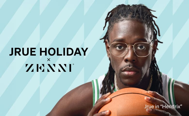 Jrue Holiday wears gold “Hendrix” optical glasses from his Zenni collection, dressed in an NBA Boston Celtics jersey, holding a basketball against a teal-patterned backdrop.