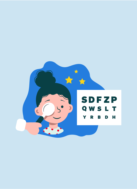 Illustration of a child completing a vision exam symbolizing the link between child mental health and vision.