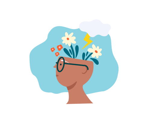 Illustration of a person with flowers growing from their mind, symbolizing mental health and growth.