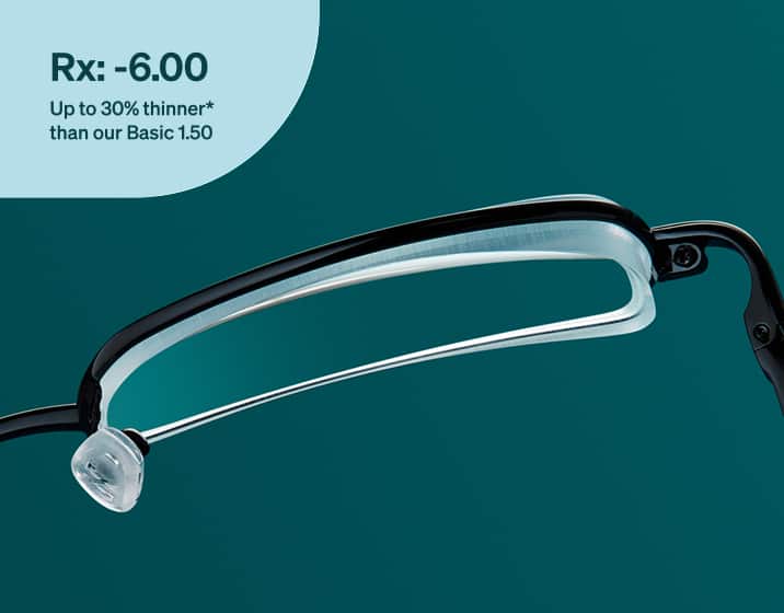 A thinner 1.67 index lens in a black metal frame viewed from above.