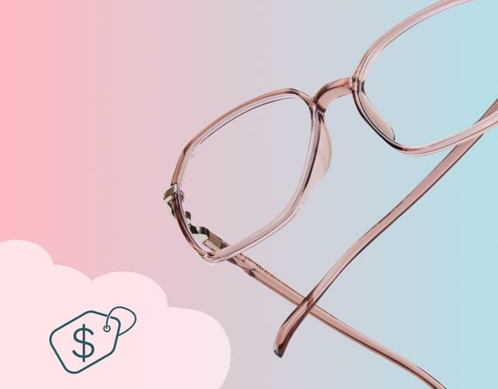 A pair of clear pink frames floating on a pink and blue gradient background. An illustration of a price tag in the bottom left corner indicates the frames are affordably priced.