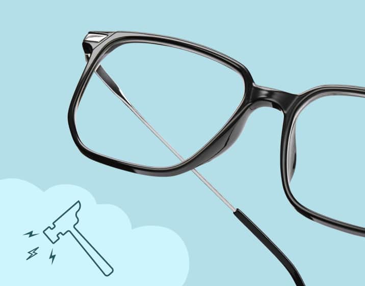 Black square glasses floating on a light blue background. An illustration of a hammer in the bottom left corner indicates the frames are durable.