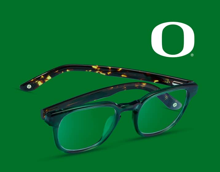 Zenni green rectangular glasses with tortoiseshell temples beneath the Oregon Ducks logo on a green background.