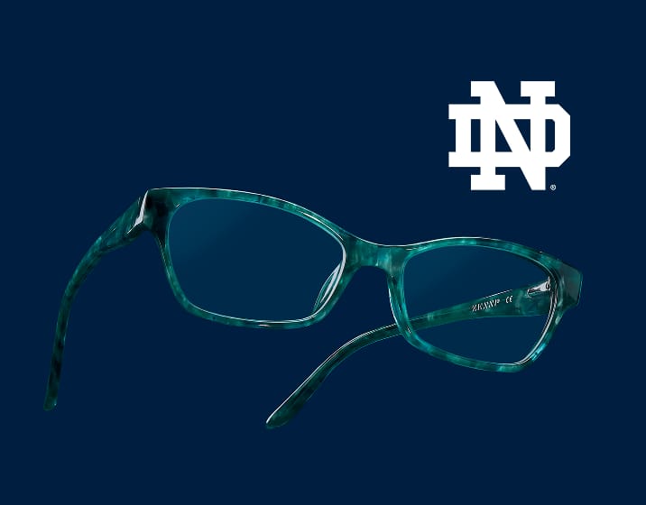 Zenni teal glasses beneath the Notre Dame logo on a dark blue background.