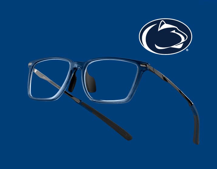 Zenni blue rectangular glasses beneath the Penn State Nittany Lion logo on a blue background.