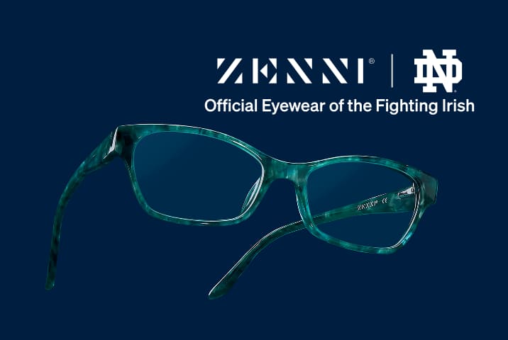 Zenni teal glasses beneath the Notre Dame logo on a dark blue background.
