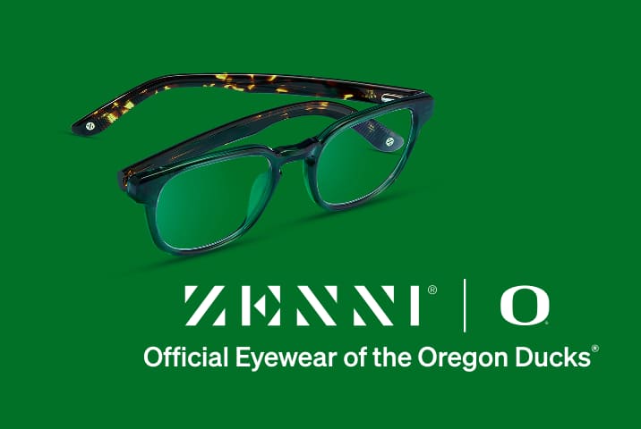 Zenni green rectangular glasses with tortoiseshell temples displayed beside the Oregon Ducks logo on a green background.