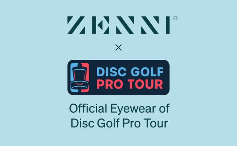 The Zenni logo and the Disc Golf Pro Tour logo (with a disc golf basket icon) on a light blue background.