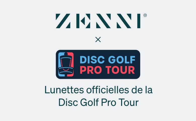 Le logo Zenni et le logo Disc Golf Pro Tour (avec une icône de panier de disc golf) sur un fond crème clair.