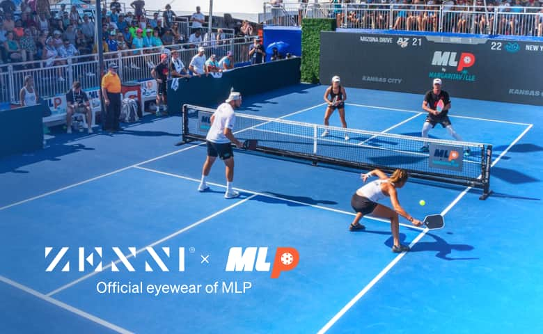 The Zenni logo and the Major League Pickleball logo (MLP by Margaritaville) over an image of 4 professional players on a blue pickleball court.