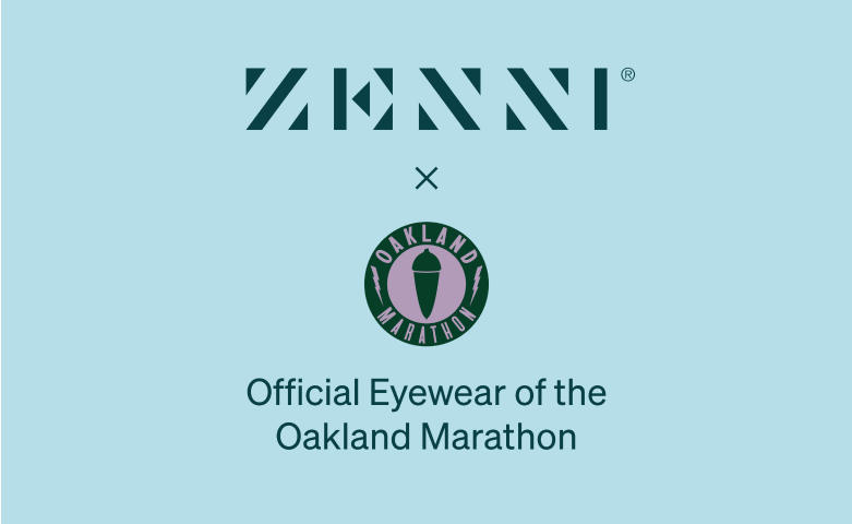The Zenni logo and the Oakland Marathon logo (a round emblem featuring a live oak acorn and two lightning bolts) on a pale blue background.