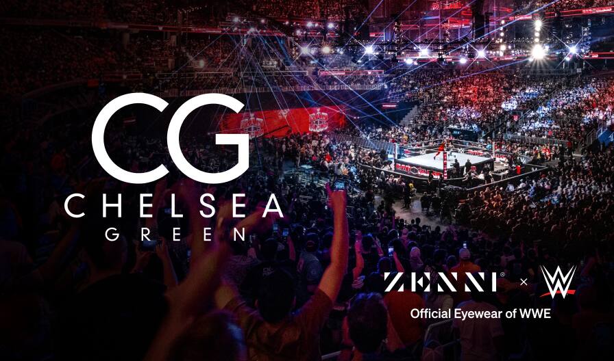 The Chelsea Green logo (large white CG initials over white Chelsea Green text), over a background image of a large crowd watching a live wrestling match.
