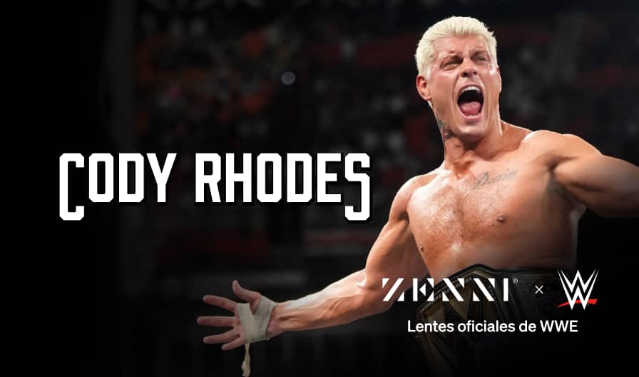 El logotipo de Cody Rhodes (grandes letras blancas estilizadas que forman la palabra Cody Rhodes) sobre una imagen de Cody Rhodes con los brazos extendidos, vistiendo un cinturón de campeón de la WWE.