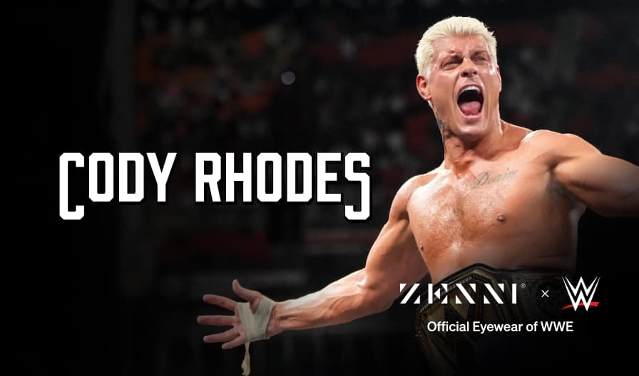 The Cody Rhodes logo (large white stylized lettering spelling Cody Rhodes) over an image of Cody Rhodes with his arms outstretched, wearing a WWE Championship Belt.