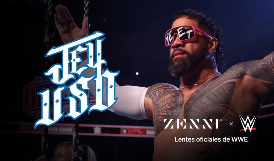 El logotipo de Jey Uso (letras blancas estilo caligrafía con un contorno azul) sobre una imagen de Jey Uso en un ring de lucha libre con los brazos extendidos, usando Lentes de Sol con la palabra YEET escrita en los lentes.