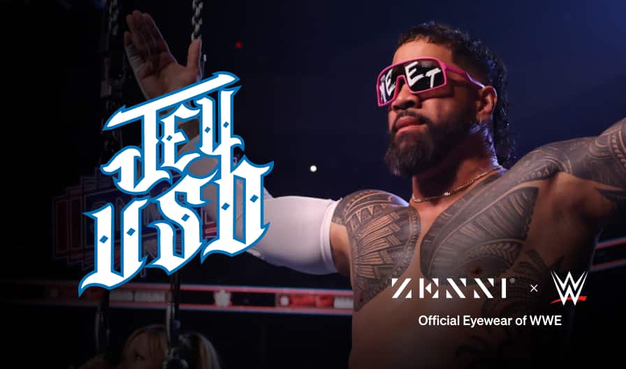 The Jey Uso logo (white caligraphy style lettering with a blue outline) over an image of Jey Uso in a wrestling ring with his arms outstrethed, wearing sunglasses with YEET written across the lenses.