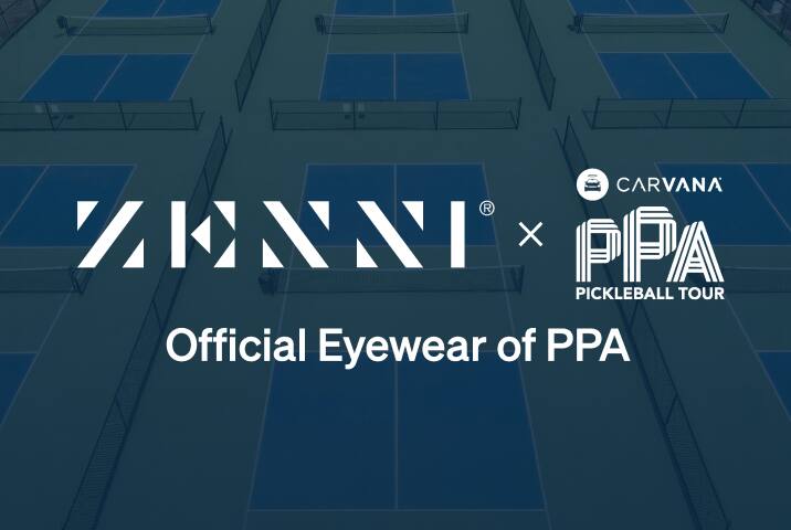 The Zenni logo and the PPA Tour logo (the letters PPA in large stylized font, over the words Pickleball Tour, with the Carvana Tour Sponsor logo along the top) over a picture of a pickleball arena featuring three blue pickleball courts.