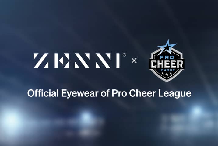The Zenni logo and the Pro Cheer League logo (the words Pro Cheer League in stylized athletic font, within a shield boundary with a large star at the top, and three small stars at the bottom) over a blurred out image of a sports arena ceiling.