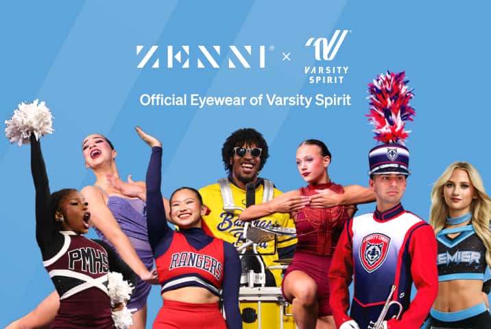 The Zenni logo and the Varsity Spirit logo (the words Varsity Spirit in white, underneath a stylized striped ribbon forming a letter V) over a blue background with two light blue diagonal stripes on the left and an image collage of various spirit leaders and dancer athletes on the right.