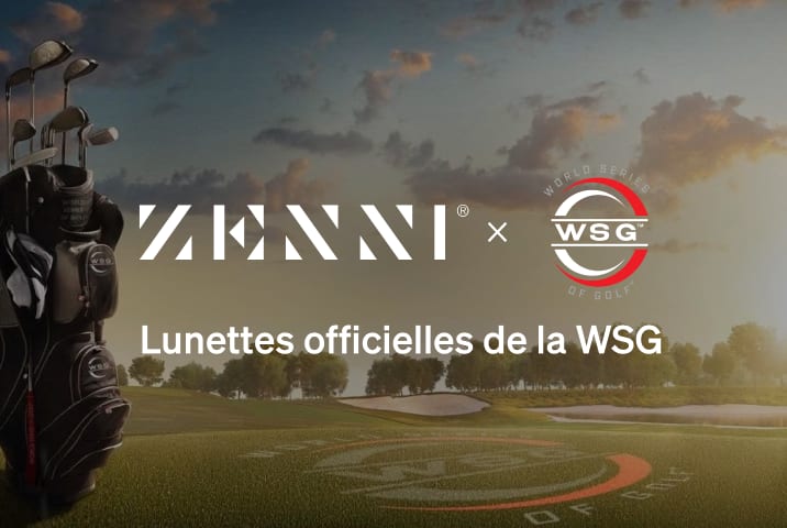 Le logo Zenni et le logo de la Série mondiale de golf (les lettres WSG dans un cercle rouge et blanc) sur une image d’un sac de golf debout à côté d’un logo WSG sur un terrain de golf avec un coucher de soleil en arrière-plan.