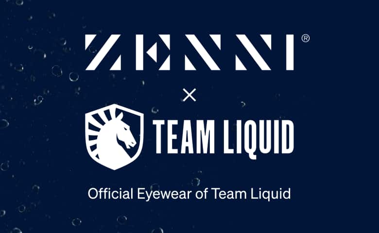 The Zenni logo and the Team Liquid logo (a horse’s head in a shield emblem) on a navy blue background with water drops.