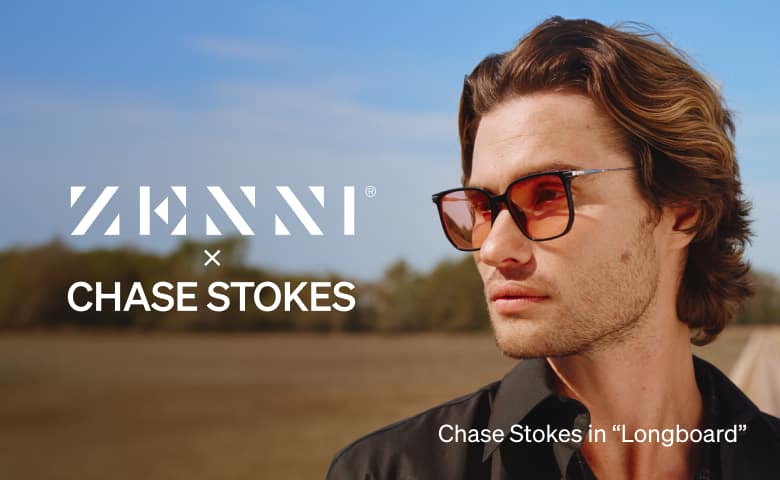 Black “Boardwalk” glasses from the Zenni x Chase Stokes collection. The eyewear collection is a combination of cool and classic frames.