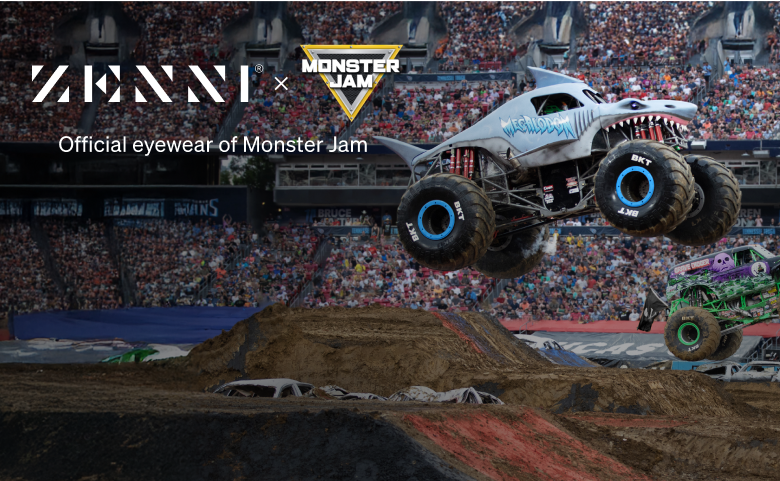 The Zenni and Monster Jam logos over an image of two monster trucks in mid-air at an arena show.