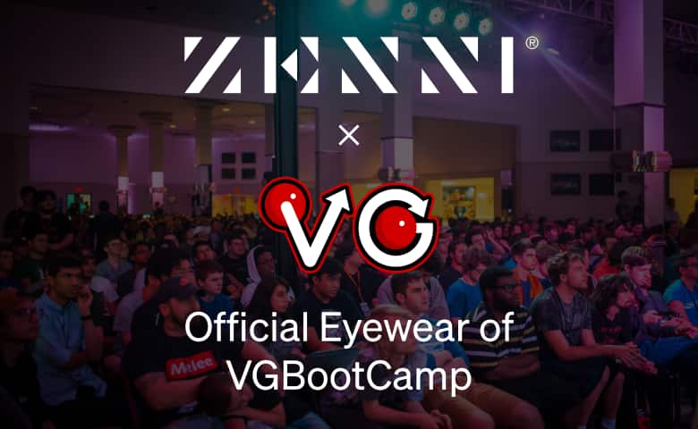 The Zenni logo and the VGBootCamp logo (a letter V and a letter G made out of red spheres and white arrows) over an image of the audience at a gaming event.