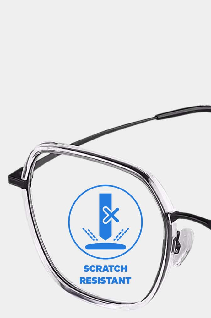 A pair of Zenni eyeglasses with a Polycarbonate lens, and a graphic showing scratch-resistance to protect against damage.