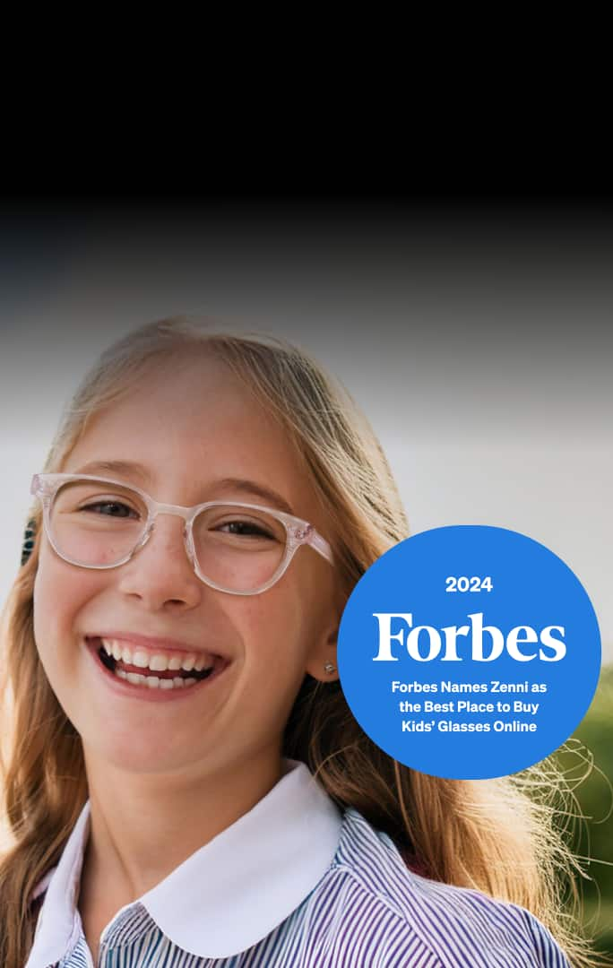 A smiling child with light hair wearing Zenni eyeglasses with text emphasizing their kid-friendly, durable, and scratch-resistant qualities.