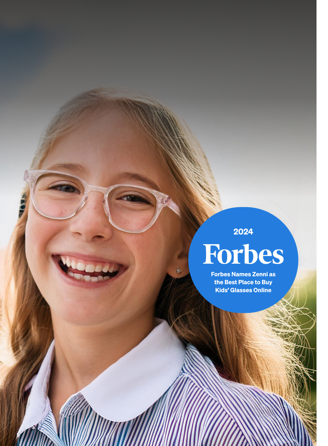 A smiling child with light hair wearing Zenni eyeglasses with text emphasizing their kid-friendly, durable, and scratch-resistant qualities.