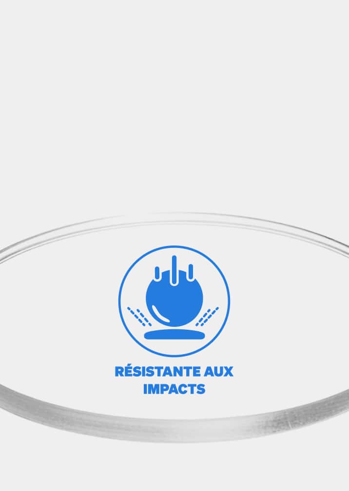Une lentille en polycarbonate résistante aux chocs avec un graphique d'un objet qui tombe, indiquant la capacité de la lentille à résister à une force importante.