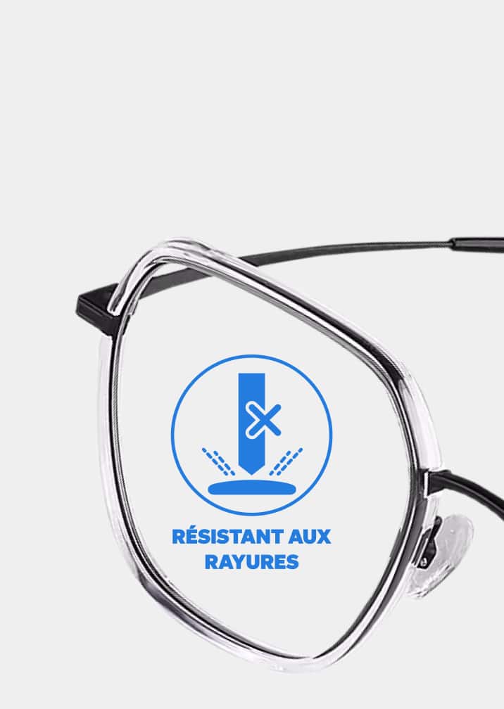 Une paire de lunettes Zenni avec des lentilles en polycarbonate et un graphique illustrant la résistance aux rayures pour protéger contre les dommages.
